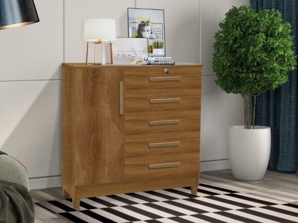 Cômoda Vitória 5 gavetas 1 porta – Mel