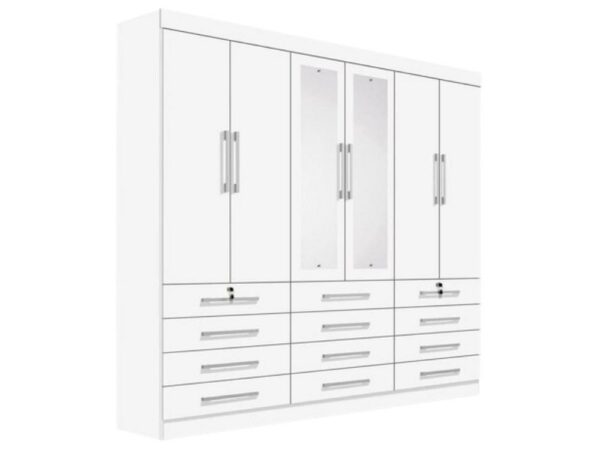 Guarda-Roupa Mônaco c/ espelho 6 portas e 12 gavetas – Branco