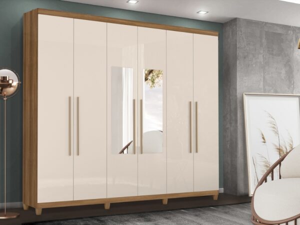 Guarda-Roupa Porto Bello Plus 6 portas com espelho – Mel/Areia