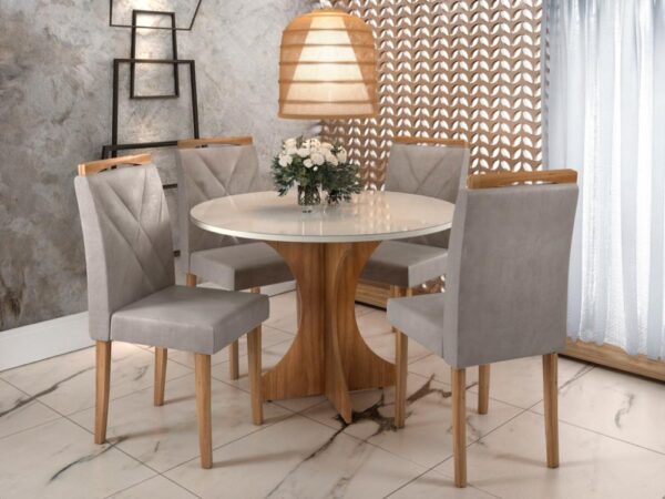 Mesa de Jantar Sienna Circular 1.00 Com 4 Cadeiras Califórnia – Cinamomo/Off white/Avelã