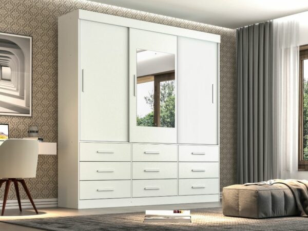 Guarda-Roupa New Star 3 portas de correr com espelho - Branco