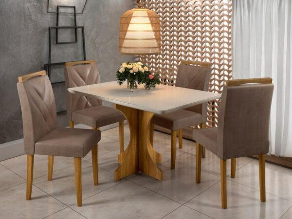 Mesa de Jantar Londres 1.20x0.80 Com 4 Cadeiras Califórnia – Cinamomo/Off White/Avelã
