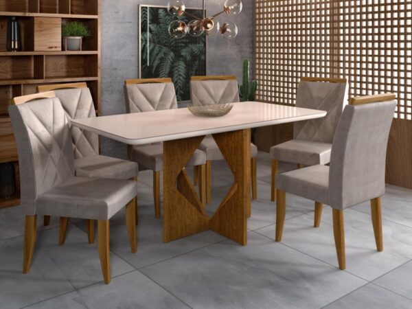Mesa de Jantar Madri 1.60x0.80 Com 6 Cadeiras Califórnia – Cinamomo/Off white/Avelã