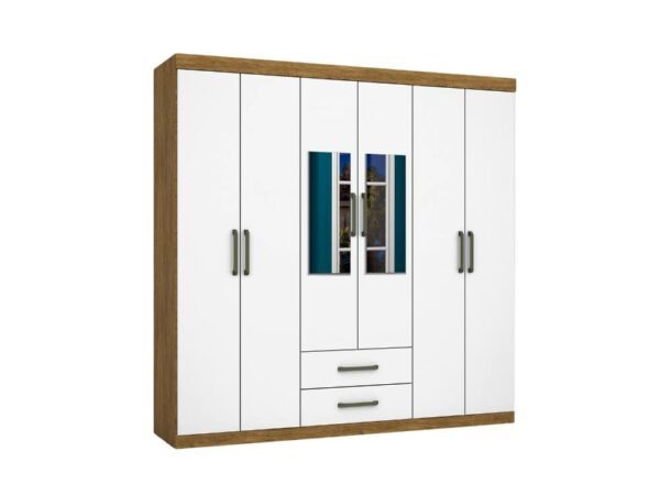 Guarda-Roupa Áries c/ espelho 6 portas e 2 gavetas – Freijó/Branco