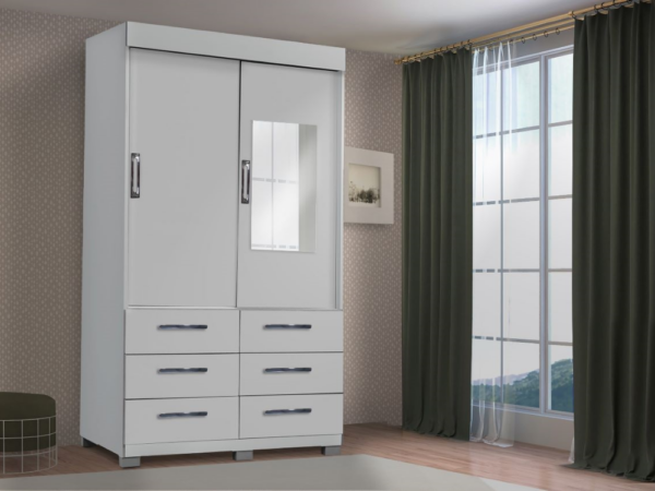 Guarda-Roupa Buzios 2 portas de correr com espelho 6 gavetas – Branco