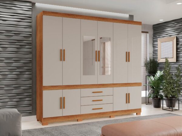 Guarda-Roupa Parma 10 portas com espelho -  Cinamomo/Off White