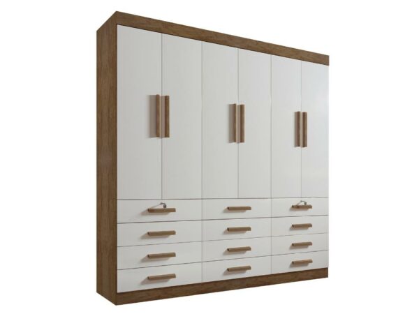 Guarda-Roupa Mônaco 6 portas e 12 gavetas – Ipê/Off White