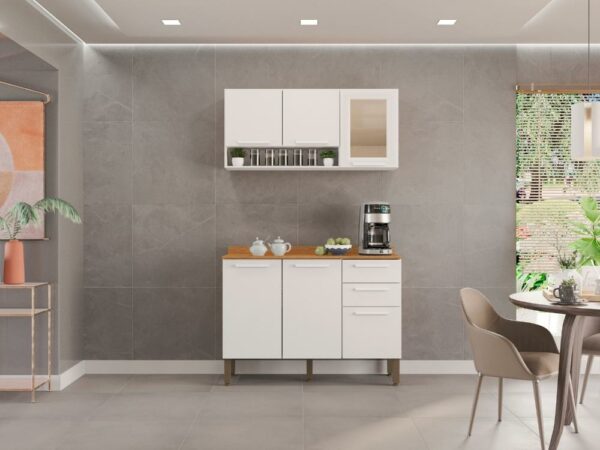 Combo Armário de Cozinha Aéreo  3 portas Reflecta  + Balcão 1.20m New Valência – Branco