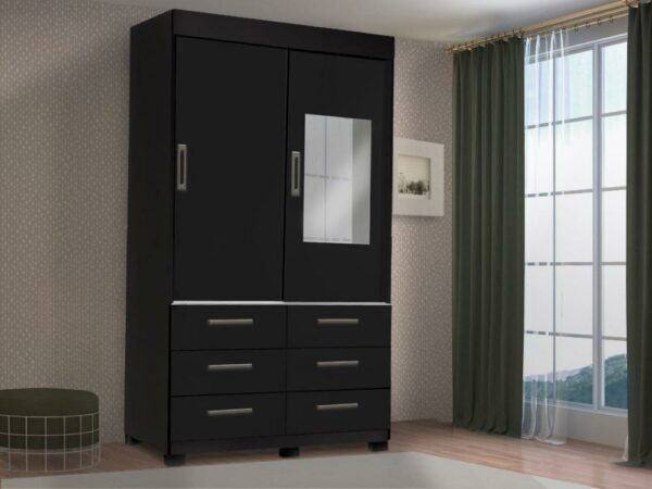 Guarda-Roupa Buzios 2 portas de correr com espelho 6 gavetas – Preto