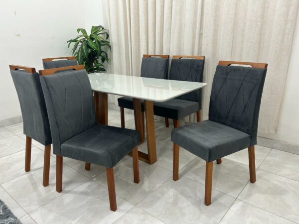 Mesa de Jantar Pedro 1.60x0.80 Com 6 Cadeiras Isa – Cinamomo/Off White/Cinza