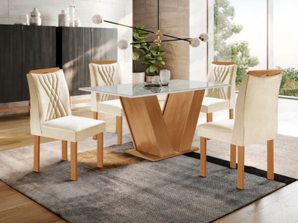 Mesa de Jantar Classic 1,20x0.80 Com 4 Cadeiras Lisboa – Cinamomo/Off White/Bege