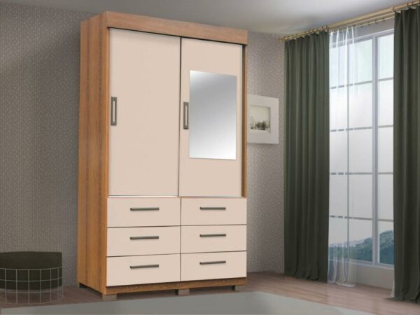 Guarda-Roupa Buzios 2 portas de correr com espelho 6 gavetas – Mel/Areia