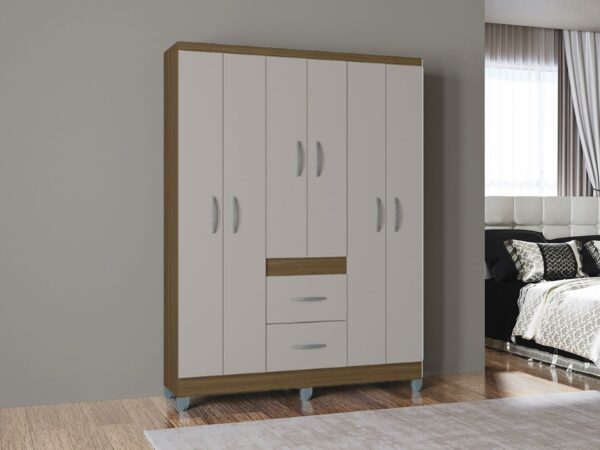 Guarda-Roupa Milão 6 Portas e 2 Gavetas – Castanho/Off White