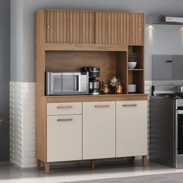 Kit Cozinha Ceara 5 Portas 1 Gaveta - Canelato 3D/Natura Off White