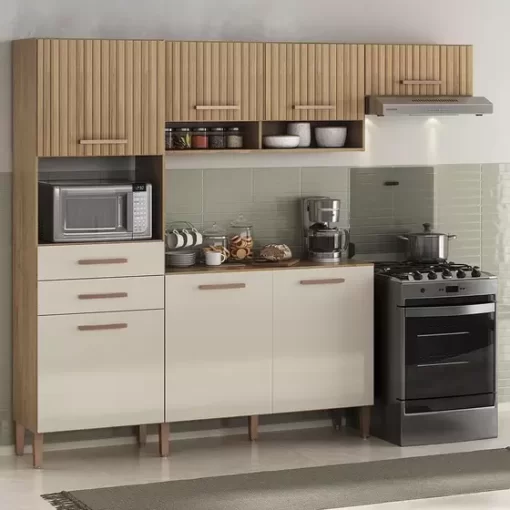 Cozinha Fortaleza 7 Portas 2 Gavetas - Canelato 3D/Natura Off White