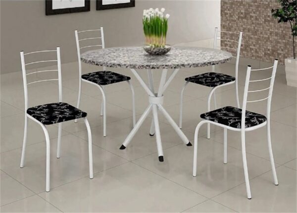 Mesa Rio 70x70 Branco Granito Redondo e 4 Cadeiras Rio Branco.Liro Preto Teixeira