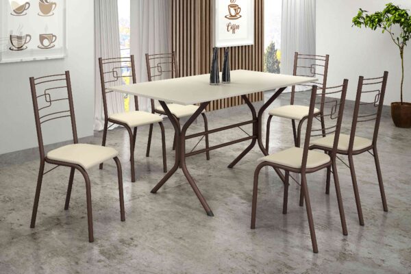 Mesa Paraty 140x75 Marrom Tmp Ardosia Off White com 6 Cds Marrom/Creme Teixeira