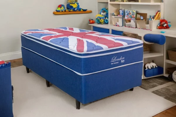 Box Azul + Colchão Solteiro London Molas Superlastic 88x188x68 Anjos