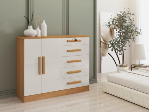 Cômoda sapateira New Athos 5 gavetas 2 portas - Cinamomo/Off White