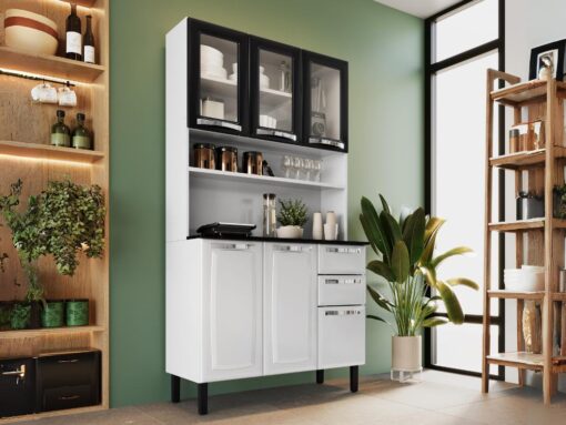 Armário Kit de Cozinha c/ Vidro 1,05m Pratika - Branco/Preto