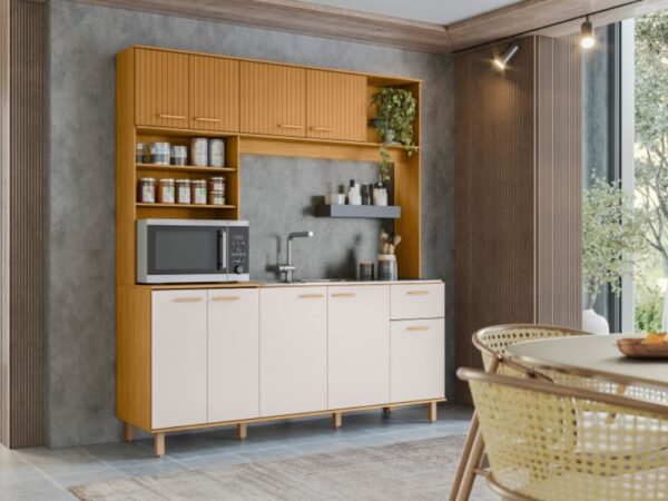 Armário Kit de Cozinha Núria 9 Portas 1 Gaveta - Freijo Ripado/Off white Acetinado