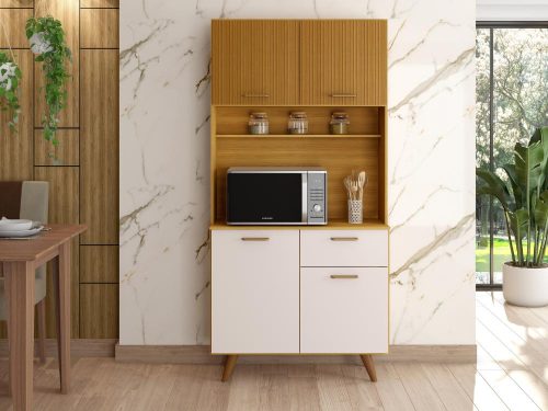 Armário de Cozinha Kit Iziz 0,90m -  Freijó Ripado/ Off White