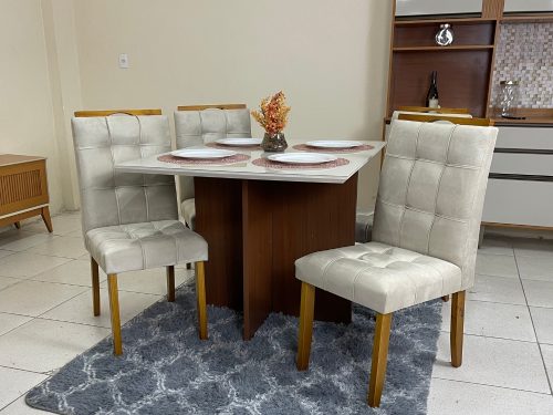 Mesa de Jantar Helo 1.20x0.90 Com 4 Cadeiras Londres - Mel/Off White/Capuccino