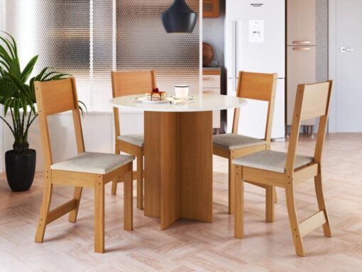 Mesa de Jantar Alice Circular 0.90x0.90 Com 4 Cadeiras Linho - Freijó/Off White