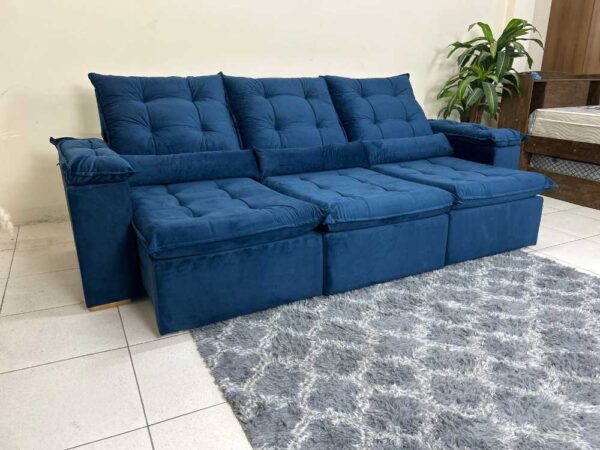Sofá Retrátil Reclinável Atenas 2.70m - Azul Veludo