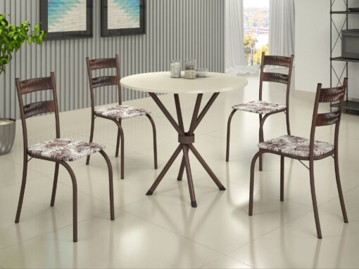 Conjunto Mesa Tubular Macaé Tampo Circular 0.75 Com 4 Cadeiras Ratam  - Marrom/Off White