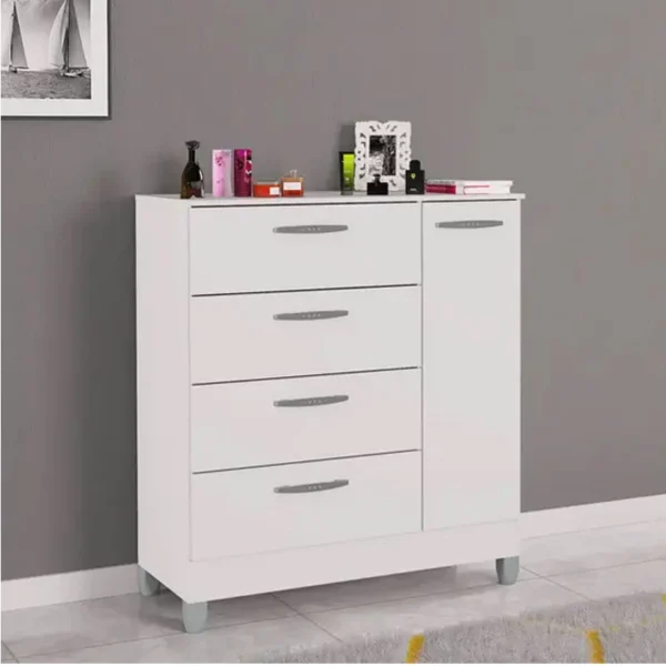 Cômoda com 1 Porta 4 Gavetas Branco Poquema