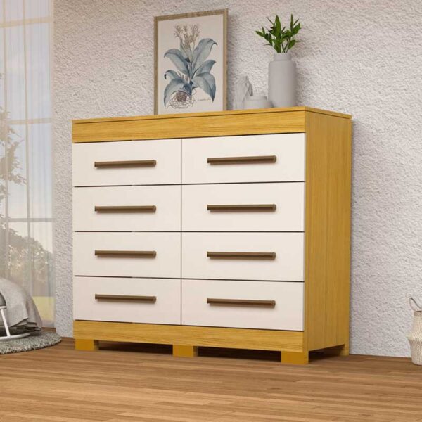 Cômoda Nalu 100% MDF com 8 Gavetas Larg. 1.11m Nature/Off White ACP
