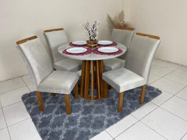 Mesa de Jantar Berlim 1.00x1.00 Redonda Com 4 Cadeiras Napoles/Londres - Cinamomo/Off White/Bege