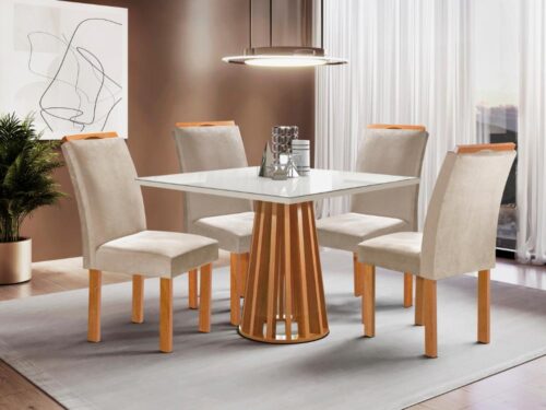 Mesa de Jantar Berlim 1.00x1.00 Quadrada Com 4 Cadeiras Napoles/Londres - Cinamomo/Off White/Bege