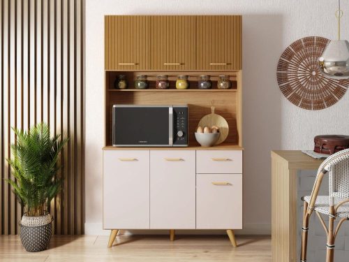 Armário de Cozinha Kit Lívia 1,10m -  Freijó Ripado/ Off White