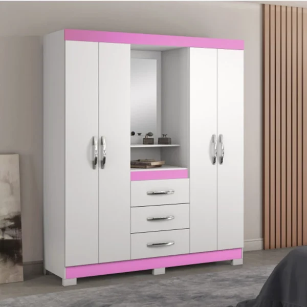 Guarda-Roupa Solteiro 4 portas NT 5015 Branco/Rosa Flex Com Pés Notável