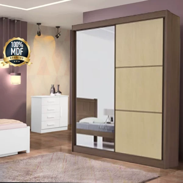 Guarda-Roupa Casal 2 Portas 3 Gavetas Atenas 100% MDF Castanho/Linho Larg. 1.85m Flex D Doro