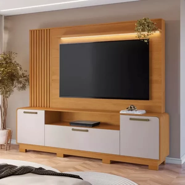 Home Apego Com Luminária em LED e detalhe Ripado TV até 65 Polegadas Larg. 2.00m Cinamomo/Off White JCM
