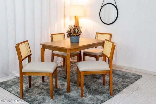 Mesa de Jantar Alegra Tampo Cinamomo 120×80 4 Cadeiras Jade Linho Bege 29011 JCM Madeira Maciça