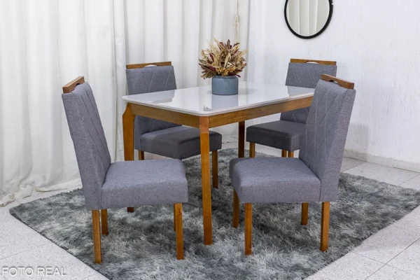Mesa de Jantar Alegra Tampo Vidro Off 120×80 4 Cadeiras Diamante Linho Cinza 2904 JCM Madeira Maciça