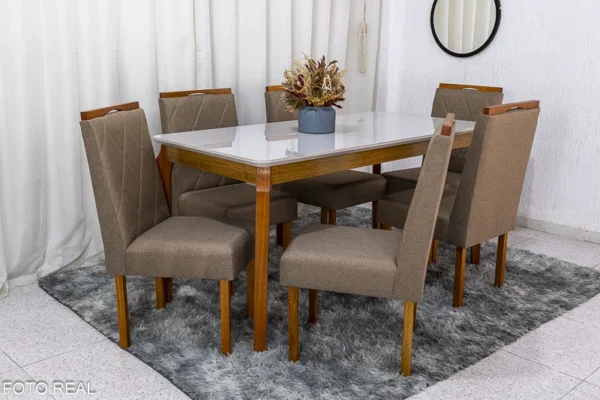 Mesa de Jantar Alegra Tampo Vidro Off 160×80 6 Cadeiras Diamante Linho Capuccino 29033 JCM Madeira Maciça