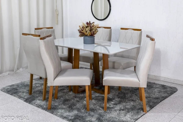 Mesa de Jantar Pedro Mel Vidro Off 160×80 6 Cadeiras Lisboa Veludo Bege 512 Madeira Maciça Art Assento - Entregue Montada