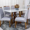 Mesa de Jantar Pedro Mel Vidro Off 160×80 6 Cadeiras Lisboa Veludo Prata 514 Madeira Maciça Art Assento - Entregue Montada