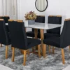 Mesa de Jantar Pedro Mel Vidro Off 160×80 6 Cadeiras Lisboa Veludo Preto 504 Madeira Maciça Art Assento - Entregue Montada
