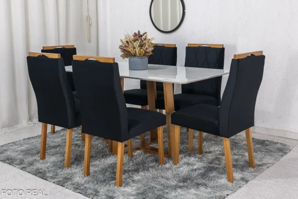 Mesa de Jantar Pedro Mel Vidro Off 160×80 6 Cadeiras Lisboa Veludo Preto 504 Madeira Maciça Art Assento - Entregue Montada