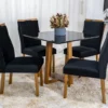 Mesa de Jantar Pedro Mel Vidro Preto 90×90 4 Cadeiras Lisboa Veludo Preto 504 Madeira Maciça Art Assento