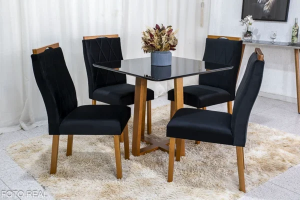 Mesa de Jantar Pedro Mel Vidro Preto 90×90 4 Cadeiras Lisboa Veludo Preto 504 Madeira Maciça Art Assento