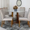 Mesa de Jantar Pedro Mel Vidro Off 120×80 4 Cadeiras Lisboa Veludo Bege 512 Madeira Maciça Art Assento - Entregue Montada