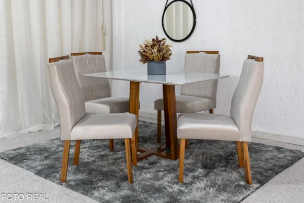 Mesa de Jantar Pedro Mel Vidro Off 120×80 4 Cadeiras Lisboa Veludo Bege 512 Madeira Maciça Art Assento - Entregue Montada