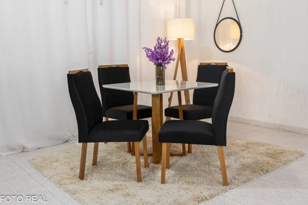 Mesa de Jantar Pedro Mel Vidro Off 90×90 4 Cadeiras Lisboa Veludo Preto 504 Madeira Maciça Art Assento